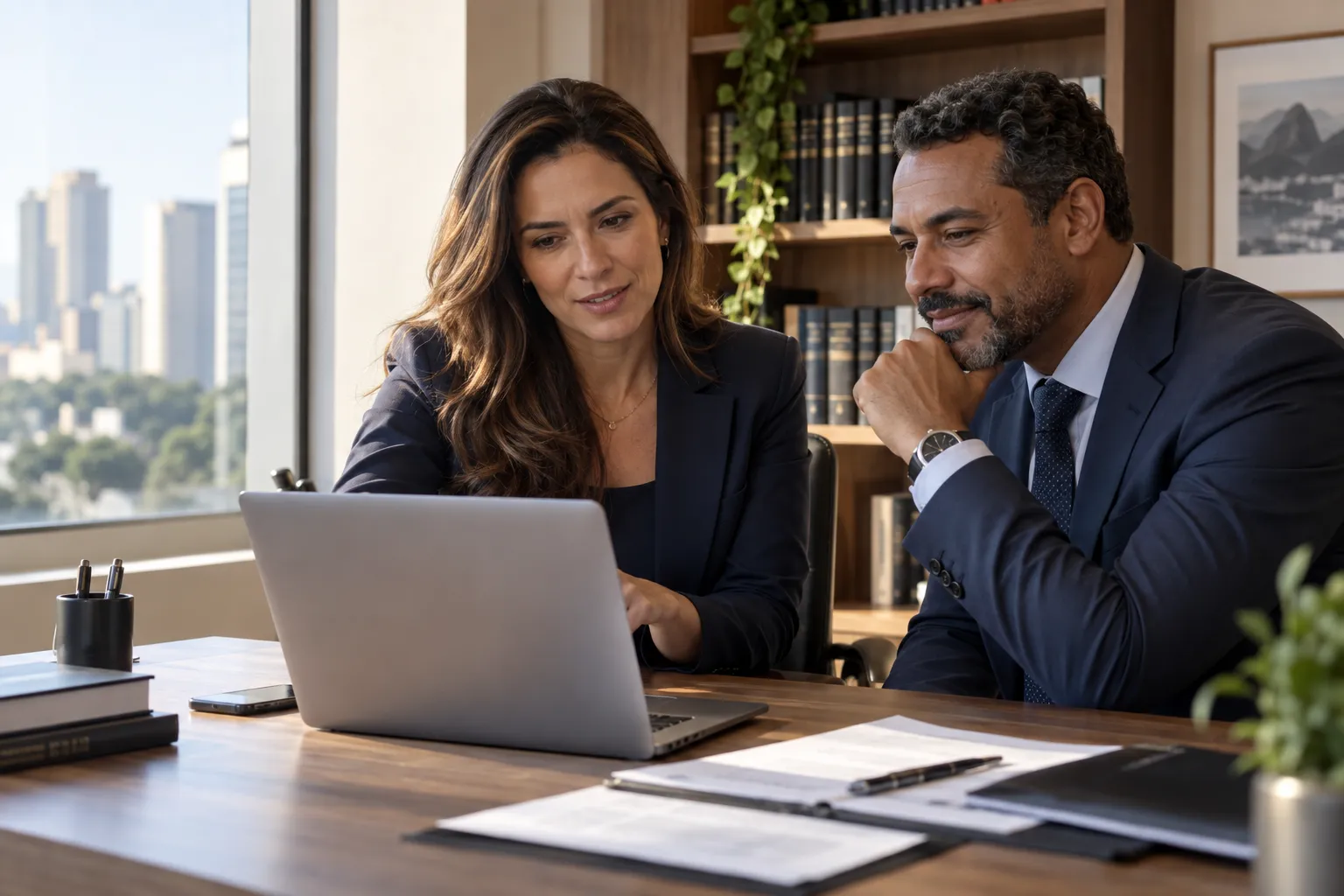 Advogados trocando ideias durante o trabalho em equipe