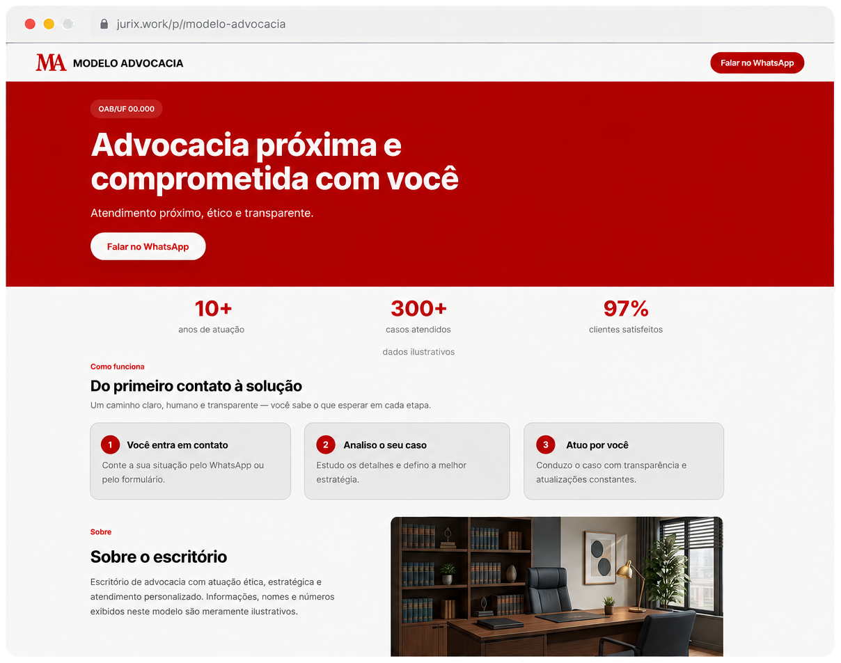 Exemplo de site de escritório de advocacia criado no Jurix, com hero, números de atuação, como funciona o atendimento e seção sobre o escritório